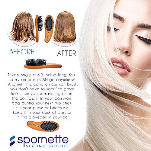 Spornette Carry On Wooden Handle Oval Cushion Mini Hair Brush #30-C Travel Size Brush Fits in Purse or Carry-On Bag for Quick Brush Outs, Detangling, Styling, Smoothing Thick, Normal & Thin Hair
