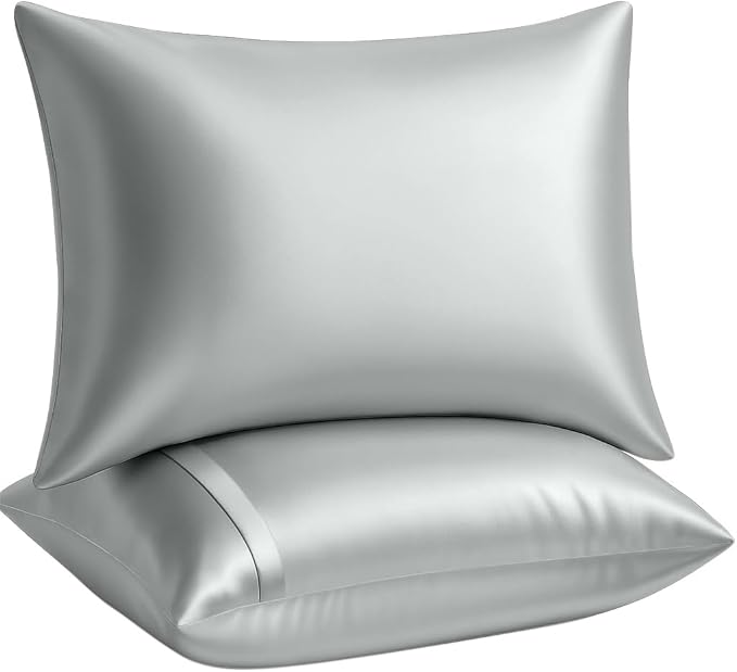 BLISSFORD Satin Pillowcase with Zipper, for Hair and Skin Care, Feels Soft and Cool Like a Silk Pillowcase, Satin Pillow Cases 2 Pack, Slik Pillow Cover, Silver Grey - Standard Size, Set of 2