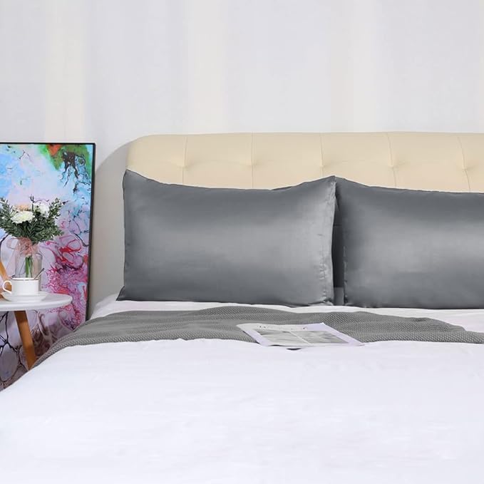 uxcell 2 Pack Silk Satin Pillowcase for Hair and Skin, Cool, Silky, Soft Breathable Pillow Cases King Size 20x36 Inch Sateen Pillowcase Grey with Envelope Closure