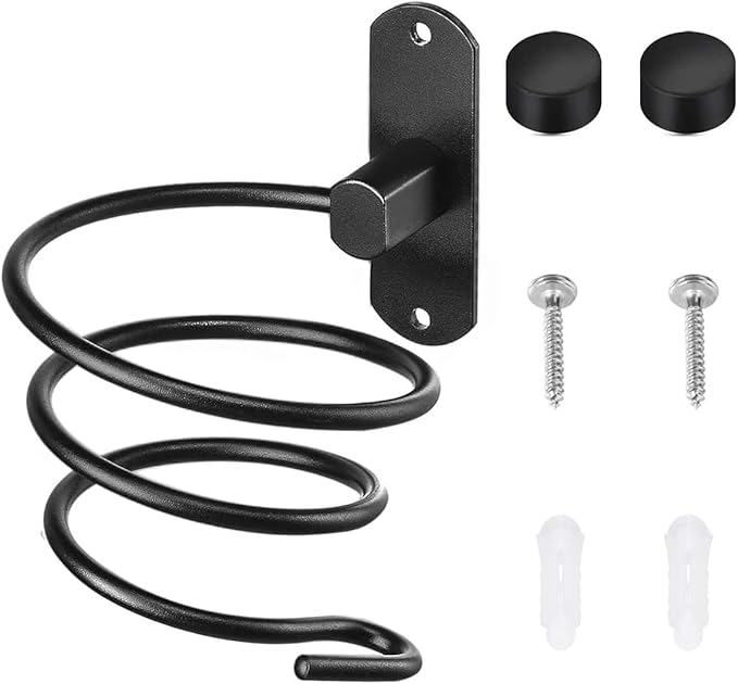 YWHWXB Hair Dryer Holder,Wall Mounted Spiral Hair Dryer Shelf,Bathroom Stainless Steel Hair Dryer Bracket,Self-Adhesive Hair Dryer Storage Rack (Black)