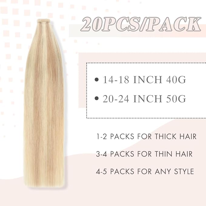 Human Hair Tape in Extensions Ash Blonde Highlighted Bleach Blonde 20 Inch 20pcs Seamless Straight Double Sided Remy Invisible Tape in Hair Extensions Human Hair (P18K/60#,20 Inch)