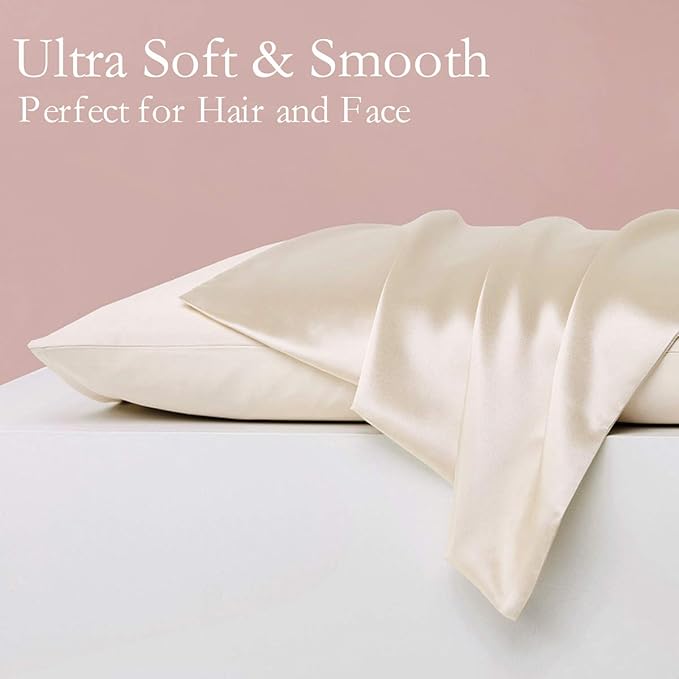 Silk Pillowcase for Hair and Skin 2 Pack 100% Mulberry Silk Bed Pillowcase Hypoallergenic Soft Breathable Both Sides Silk Pillow Case with Hidden Zipper, Queen Size Pillow Cases (Buff Beige)