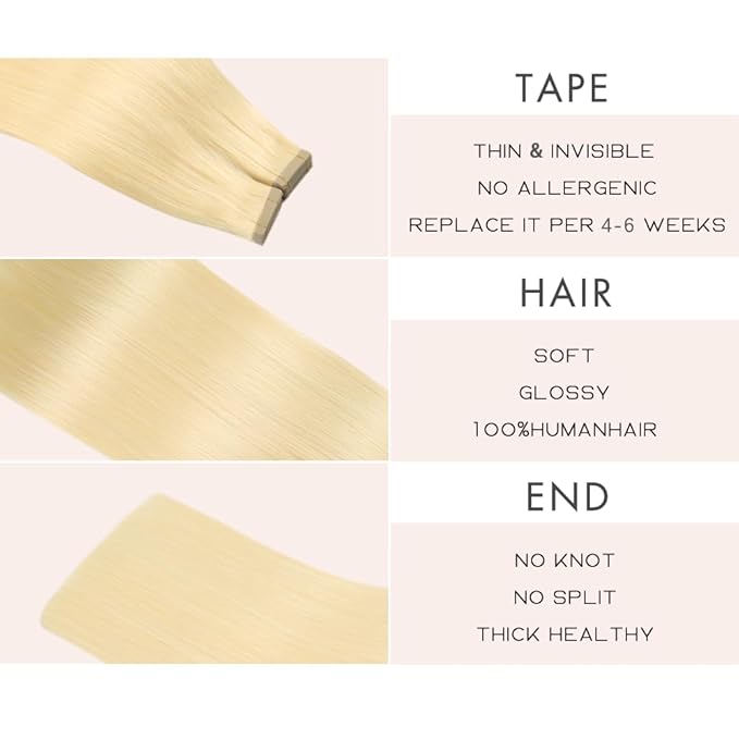 Tape in Hair Extensions Human Hair Color 60 Platinum Blonde Real Hair Extensions Remy 14 Inch Natural 20pcs invisible(60#,14 Inch)