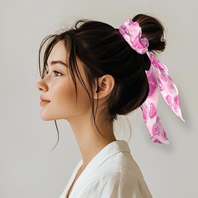 Pink Heart Bow Ribbon Scrunchies Black Hair Ties No Damage Thick Hair for Valentine's Day Satin Hair Scrunchies Pack of 2 Ponytail Holder Scraf Scrunchy