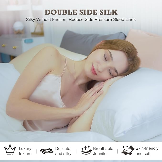 100% Mulberry Silk Pillowcase 2 Pack,Standard Size Silk Pillow Cases for Hair and Skin,Silky Smooth Bed Pillow Cover with Hidden Zipper,Natural Silk Pillow Case Set of 2 (Gray, Standard 20X26)
