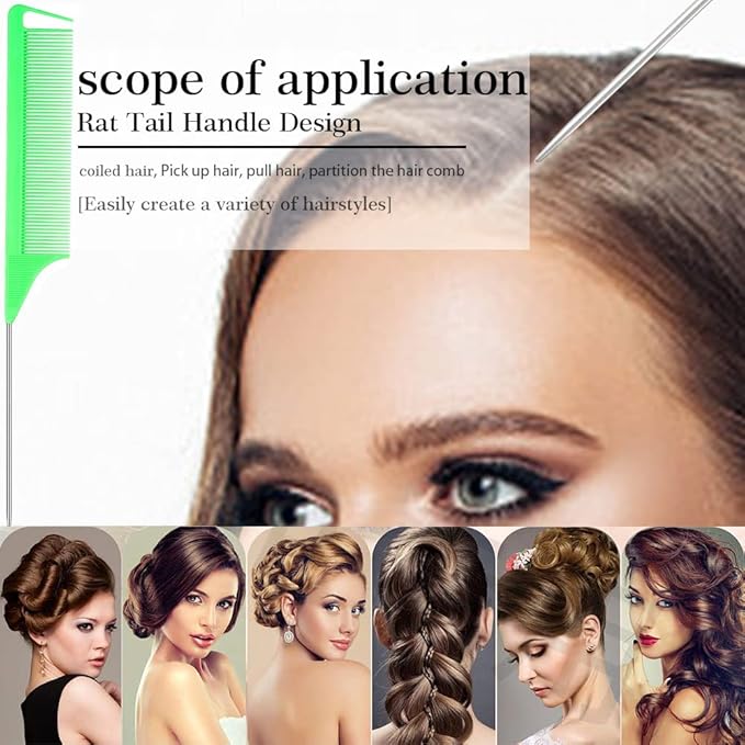 3-in-1 Rat Tail & Pintail Comb Set - Carbon Fiber & Stainless Steel for Braids, Barber Styling, Salon & Home Use (Black, Pink, Green)