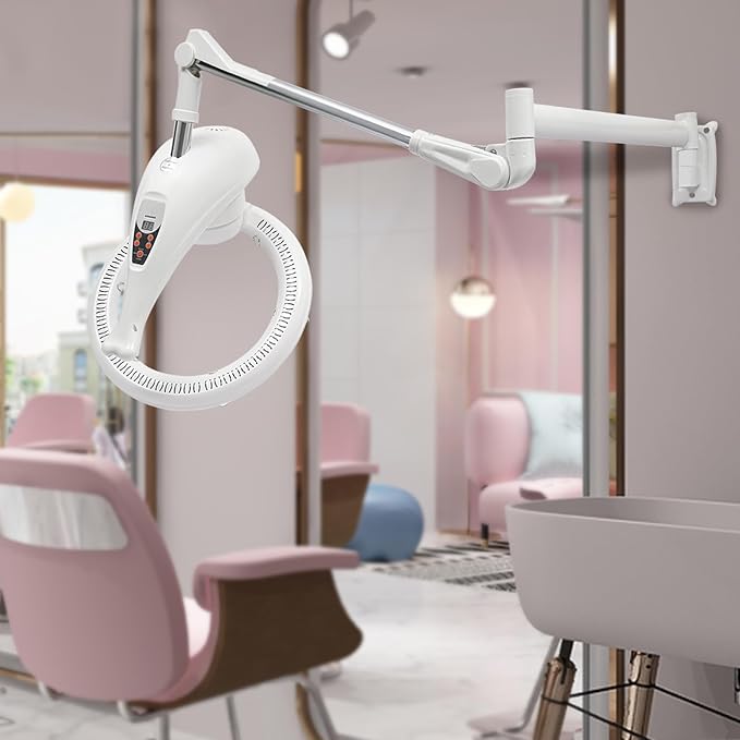 Wall Mounted Orbiting Hair Dryer, 950W Temperature Adjustable 360 Degree Rotating Heating Ring Rotating Hair Treatment Machine with Timer Infrared for Salon SPA (White)