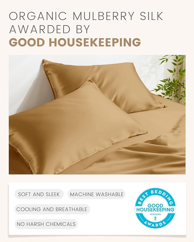 THXSILK Set of 2 Mulberry Silk Pillowcase for Hair and Skin, 100% Mulberry Silk Bed Pillowcase with Zipper, Soft Breathable Silk Pillow Case, King Size 20"x36" (Metallic Gold)