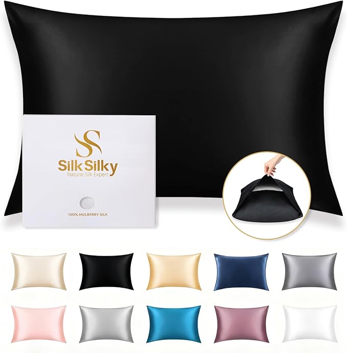SilkSilky 100% Mulberry Silk Pillowcase - Pure 22 Momme High-Grade 6A Fibers for Hair & Skin, Envelope Closure, Natural, Organic, Breathable & Cooling Pillow Case (Standard, Black)
