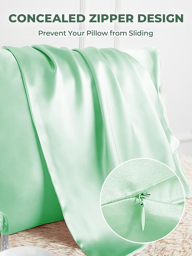Mulberry Silk Pillowcase for Hair and Skin, SGMSILK 22 Momme Natural Silk Pillow Cases with Zipper, 6A Soft and Smooth Single Sided Pure Silk Pillow Cover (Light Green, Queen 20"x30")