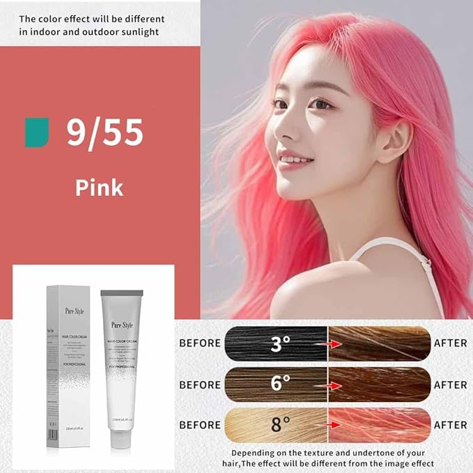 PureStyle 100ml Professional Permanent Hair Color Dye Cream Ammonia Free, Long Lasting Pink Color, 100% Gray Coverage, Natural Shine, For All Hair Types Easy At Home Application