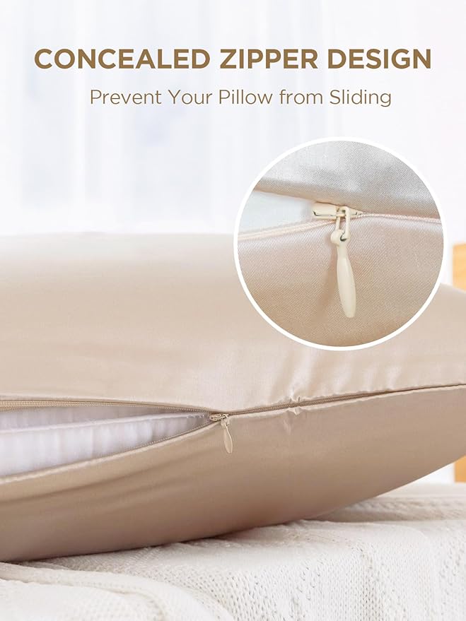 Mulberry Silk Pillowcase for Hair and Skin, SGMSILK 22 Momme Natural Silk Pillow Cases with Zipper, 6A Soft and Smooth Single Sided Pure Silk Pillow Cover (Champagne, Queen 20"x30")