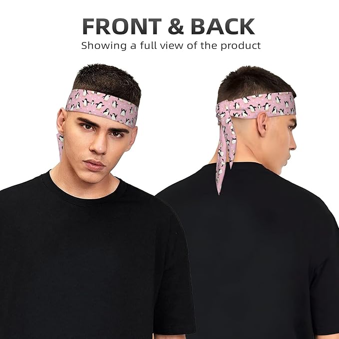 Boys Girls Sports Sweat Band, Boho Style Elastic Head Ribbon for Running Fitness Spa, Beauty Skinny Cute Cartoon Penguin And Heart Pink Headwear Hand Decor
