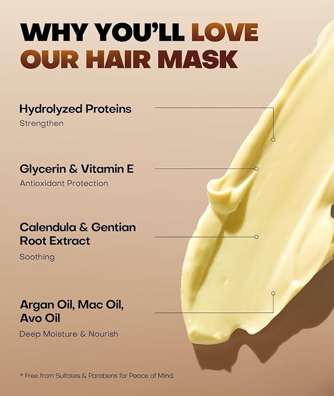 Collagen Hair Mask for Deep Conditioning, Keratin Hair Treatment with 4 Hydrolyzed Proteins, Moroccan & Avocado Oils Conditioner for Nourish, Calendula Gentian Extracts Care Dry & Damaged Hair