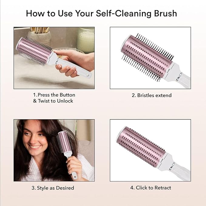 Curly Hair Brush Detangler Comb - Self Cleaning Hair Brushes for Women - Roller Retractable Travel Hairbrush - Rose Gold White Christmas Gifts