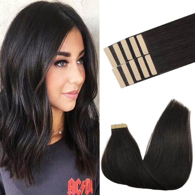 GOO GOO Tape in Hair Extensions Human Hair, 1B Natural black, 24inch 30g 10pcs, Skin Weft Seamless Invisible, Silky Straight with Thick Ends, Remy Human Hair