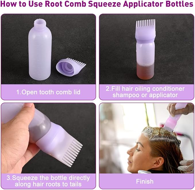 Abnaok Root Comb Applicator Bottle, 6 Ounce Applicator Bottle for Hair Dye Bottle Applicator Brush with Graduated Scale- 4 Pack