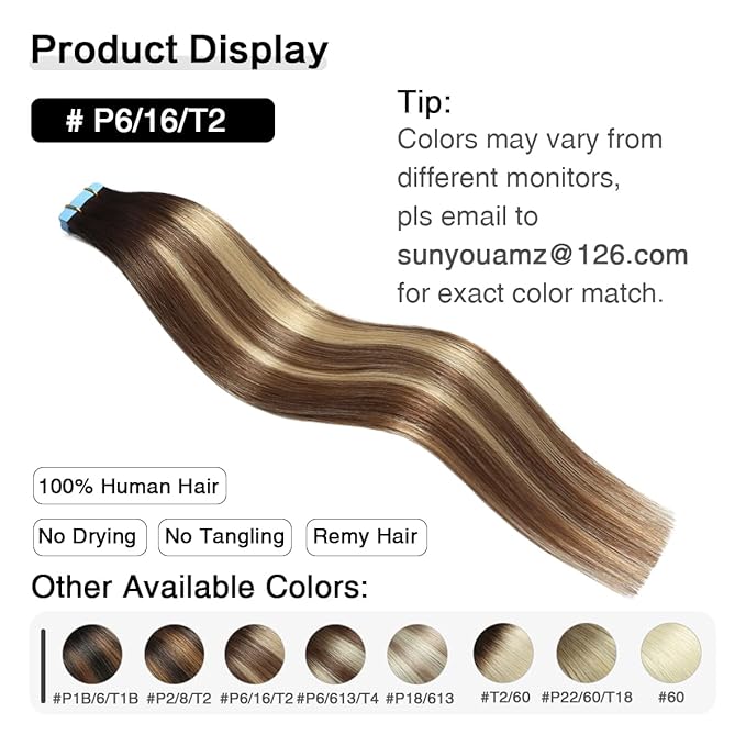 SUYYA Tape in Hair Extensions Human Hair Balayage Darkest Brown to Chestnut Brown and Light Blonde 14In 40g/pack 20pcs Straight Seamless Skin Weft Tape in Real Human Hair Extensions(14inch #P6/16/T2)