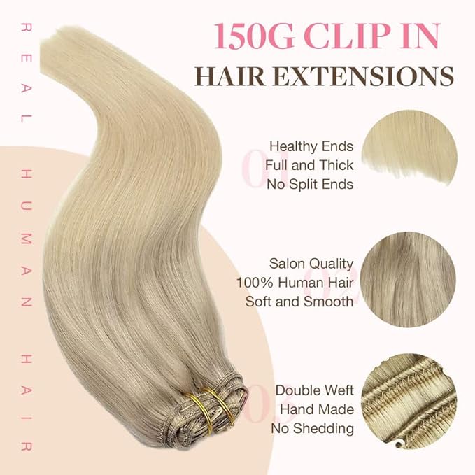 GOO GOO Clip in Hair Extensions Real Human Hair, Remy Human Hair Extensions Clip ins for Women, Natural Human Hair, 16inch 150g 9Pcs, 17/22/60 Balayage Ash to Platinum Blonde