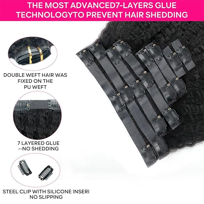 Seamless Kinky Straight Clip in Hair Extensions for Black Women Brazilian Virgin Human Hair Extensions 8Pcs Seamless Clip ins Human Hair with 18Clips Invisible PU Skin Weft 120g 16inch Natural Black