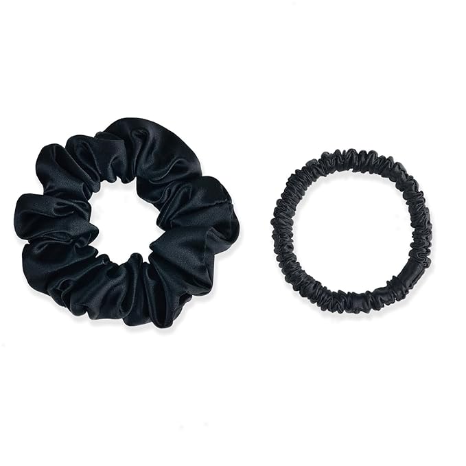 22 Momme 100% Mulberry Silk Scrunchies (2 Pack, Black), Well-Hold Elastic for No-Damage, 6A, Soft Hair Ties, Reduces Frizz & Breakage, OEKO-TEX Certified