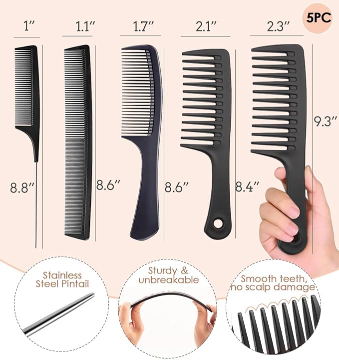 Hair Combs Set, Large Wide Tooth Comb, Rat Tail, Fine Tooth Comb For Women Men Fine Thick Curlys Wet Hair Styling Detangling Parting Cutting (5PCS)