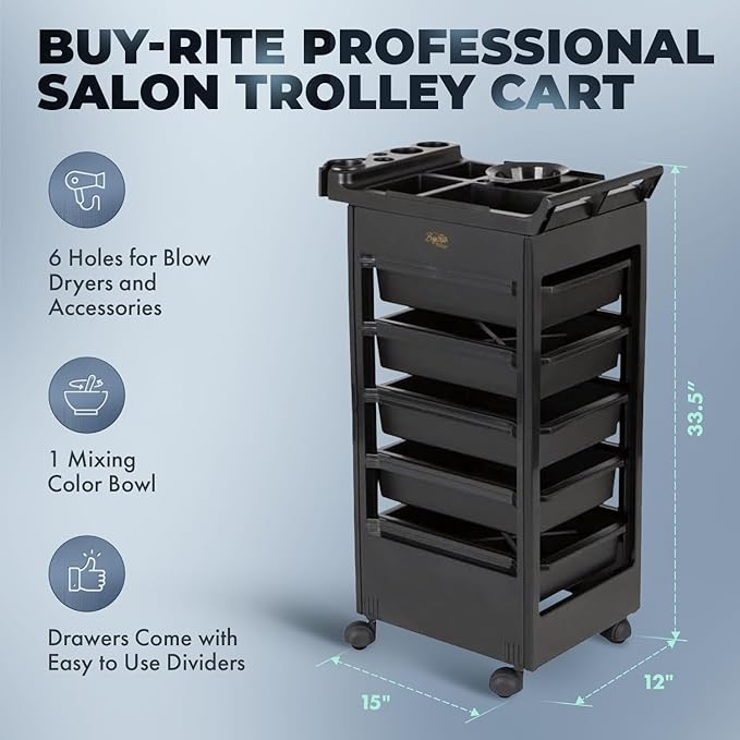 Buy-Rite Professional Salon Trolley Cart – MEI-3010 Rolling Utility Cart with 5 Removable Storage Drawers, Color Mixing Bowl & Tool Holster, Black, 33.5” Tall