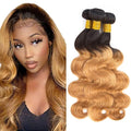 1b/27 Human Hair Bundles Ombre Blonde Body Wave Bundle Brazilian Virgin Remy Hair 3 Bundles 12 14 16 Inch 2 Tone Honey Blonde and Black Bundle Double Weft Hair Weave 150g