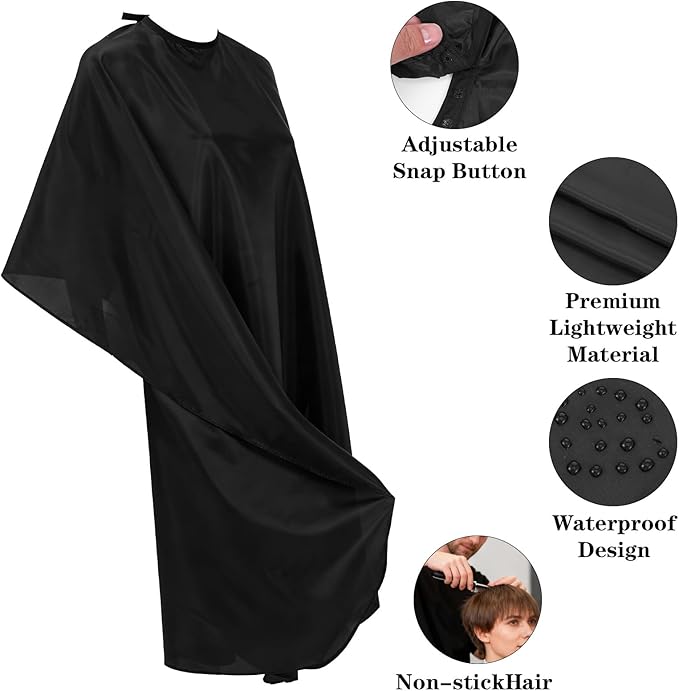 12 Pcs Barber Cape with Adjustable Snap Closure, Waterproof Hair Cutting Cape, 59 x 47 Salon Apron for Women Men, Professional Hair Cutting Salon Capes for Hairstylist Hair Dye, Black