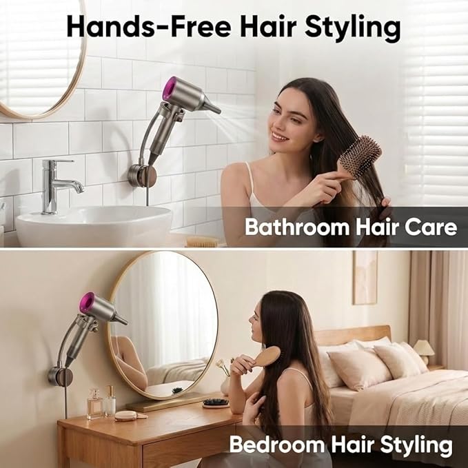 Hands Free Hair Dryer Holder, Suction Cup Wall Mount Blow Dryer Holder Stand with Flexible Adjustable Neck, 360° Rotation, Quick Install on Smooth Surfaces - for Bathroom Organization, Apartments & Dorms