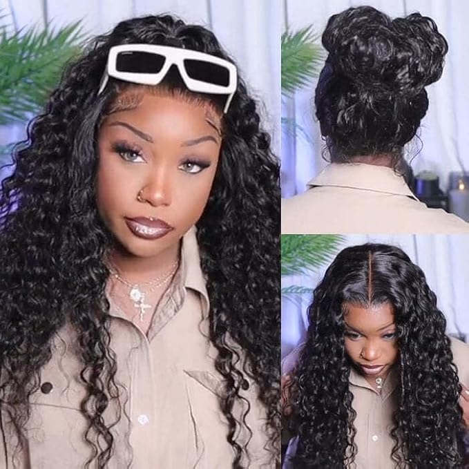 VIPbeauty 13x6 Deep Wave Lace Front Wigs Human Hair 200 Density 28 Inch Curly Wig for Women Natural Black HD Transparent Lace Glueless Frontal Wigs Human Hair Pre Plucked with Baby Hair