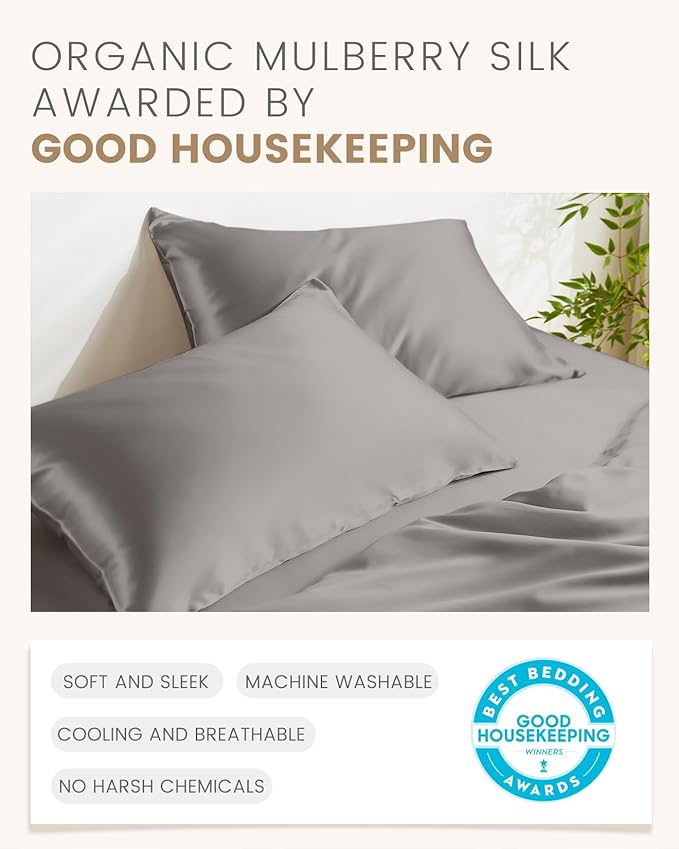 THXSILK 100% Mulberry Silk Pillowcase for Hair and Skin, Grade 6A+ Natural Silk Pillow Cover with Hidden Zipper, Soft Breathable Smooth Organic Silk Pillowcase(Grey, Queen Size 20"x30")