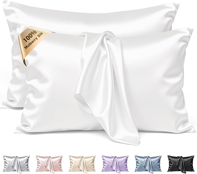 Silk Pillow Cases 2 Pack Queen Size Mulberry Silk Pillowcase Set of 2 for Hair and Skin 30 x 20 Inches 22 Momme Both Side Grade 6A Silk Soft Breathable Cooling with Hidden Zipper, White