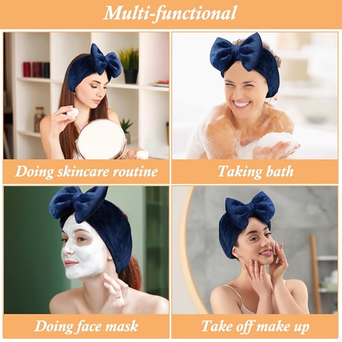 Shintop Face Wash Headband, Soft Spa Headband Carol Fleece Makeup Headwear with Cute Bow Elastic Hairband for Skincare Facial Mask Showers（Navy blue）