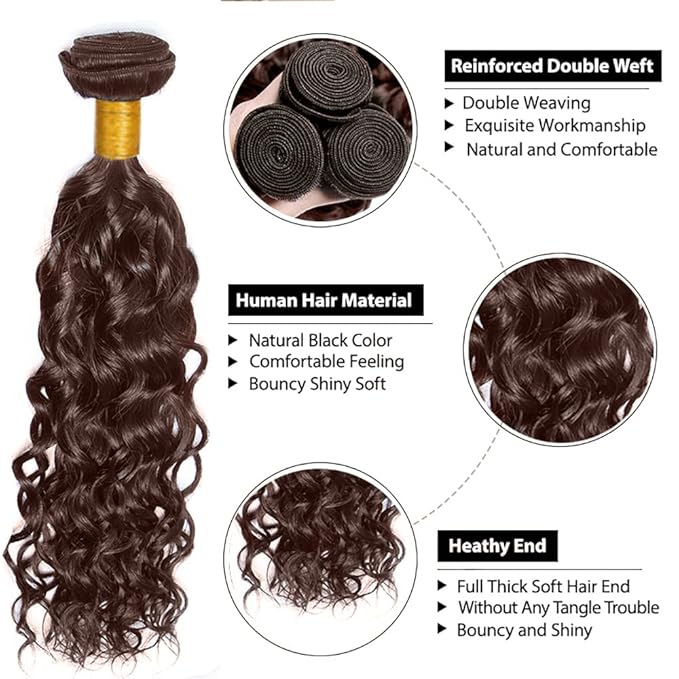 Brown Bundles Human Hair Color 4 Water Wave Bundle 22 24 26 Inch Niegmeag Brazilian Virgin Remy Hair Extensions Double Weft Chocolate Brown Wet and Wavy Bundle Hair Weave