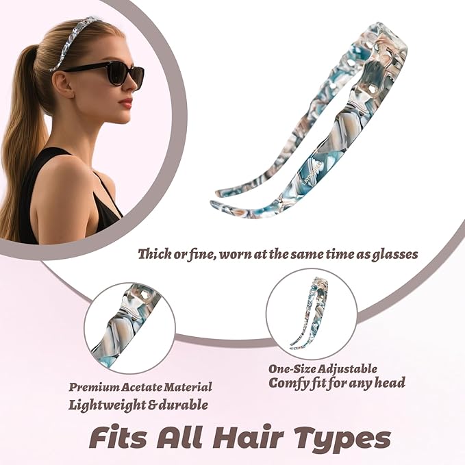 Acetate Hairbands for Women - Non-Slip Thin Headbands with Teeth, Eyewear-Friendly Design, 90s Retro Hair Accessories, No Pressure & No Headache Sunglasses Headband (Blue Star)