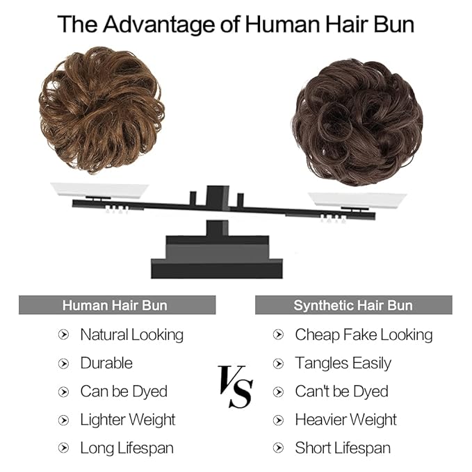 FESHFEN Human Messy Buns - 100% Human Hair Bun Real Scrunchies Hair Pieces Ponytail Extensions Wavy Tousled Updo Chignon Hairpieces for Women, Brown