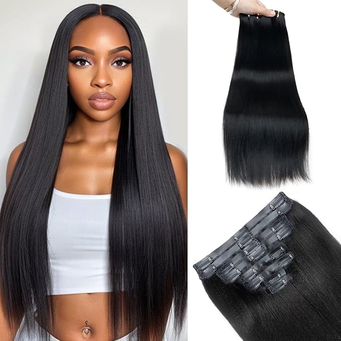 Yaki Straight Clip in Hair Extensions Real Human Hair 2 Pack 240g Seamless for Women Full Max with 16Pcs Remy Human Hair Extensions PU Skin Weft 24inch Natural Black