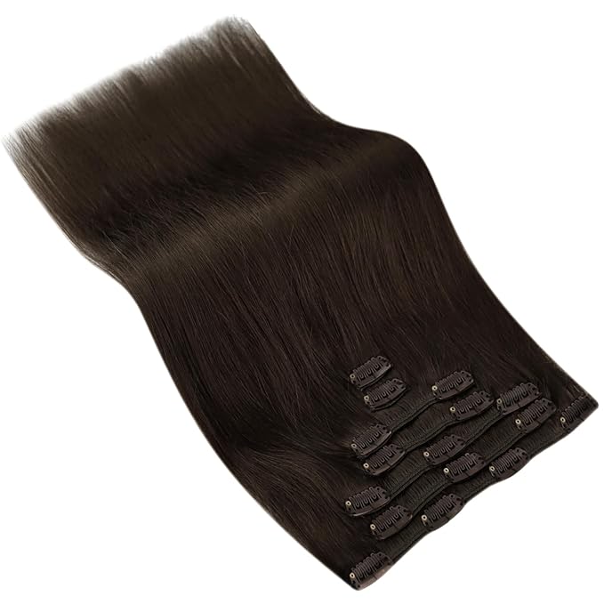 Ve Sunny Clip in Human Hair Extensions, Clip on Hair Extensions for Women, Dark Brown Clip in Hair Extensions Long Straight Hair Extensions 7pcs 120g 24inch