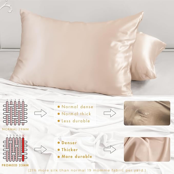 PROMEED 100% Mulberry Silk Pillowcase for Hair and Skin, Both Sides 23 Momme Grade 6A+ Silk Pillow Case with Hidden Zipper, 1400 TC, Soft & Smooth (Standard 20"x26", Champagne)