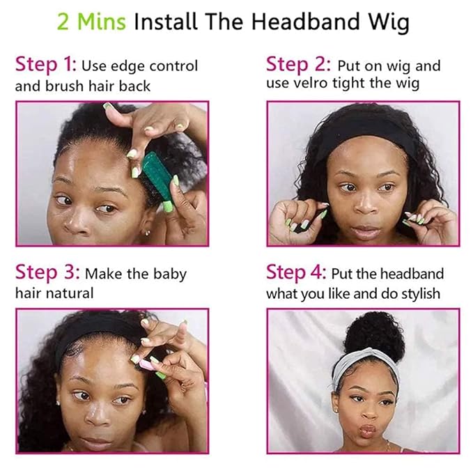 KLAIYI Headband Human Hair Wig Water Wave Curly Non Lace Front Wigs for Black Women Deep Wave Glueless Wear and Go Half Wig with Band 30S Ready to Wear Beginner Friendly 180% Natural Hairline 18Inch