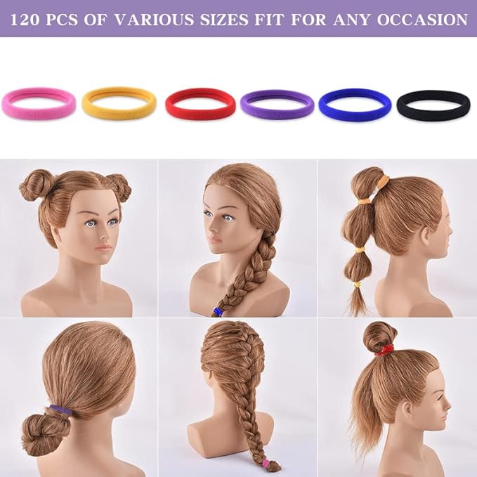 120PCS Multicolour Hair Ties for Women Girl,Black Elastics Hair Ties No Damage Ponytail Holder for Thick/Thin Hair Accessories,Soft Cotton Cloth Seamless Hair Bands