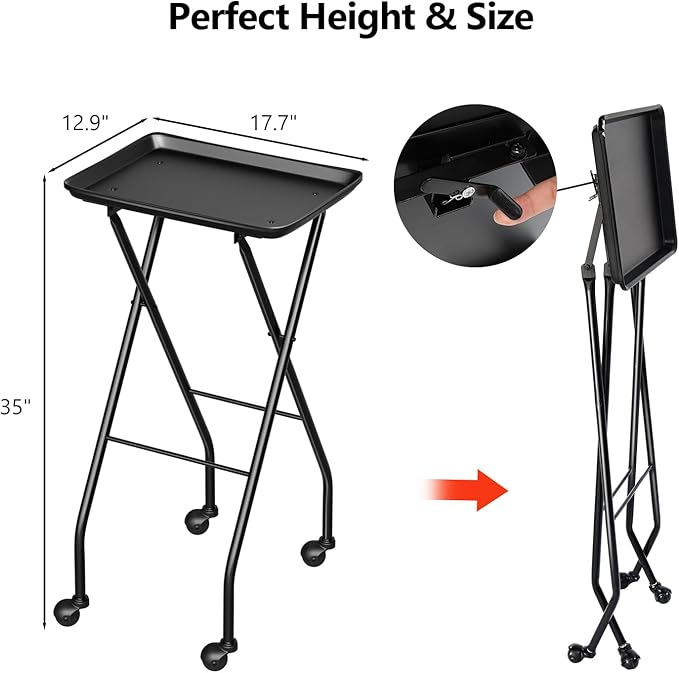 OmySalon Salon Tray on Wheels Folding Color Trays for Salon, Aluminum Tattoo Tray Rolling Trolley Cart Mobile Hair Cart for Stylist Hairdresser, Beauty Spa Service Storage Station