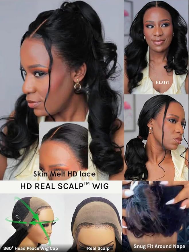 KLAIYI HD Real Scalp Wig 13x4 Lace Frontal Human Hair Wig Loose Body Wave with Face Framing Curtain Bangs Pre Everything Glueless 3S Wear and Go Precut Lace Pre Plucked Pre Bleached 180%Density 20Inch