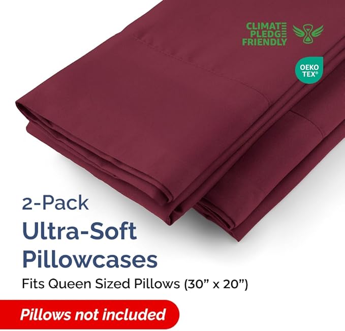 Queen Pillow Cases - 2 Pack - Super Soft Pillowcase Covers - Envelope Enclosure - Hotel Quality Pillow Protectors - Wrinkle Free, Shrink and Stain Resistant - Machine Washable - 20" x 30" (Burgundy)