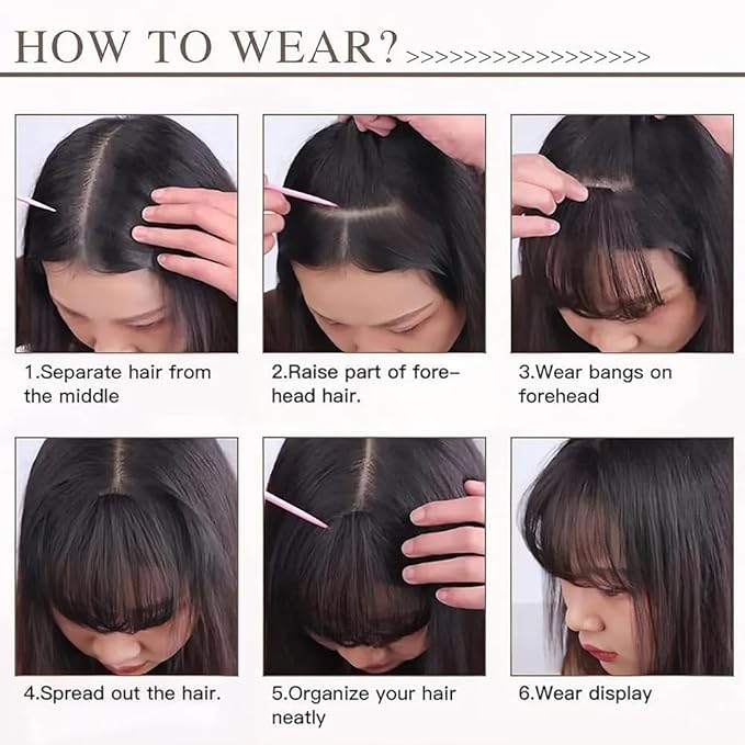Clip in Bangs Natural Brown Black Color 100% Real Human Hair Wispy Clip on Bangs Extensions Fringe with Temples Hairpieces for Women