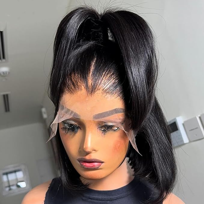 Bob Wig Human Hair 13x4 Short Straight Bob Lace Frontal Wigs for Black Women Human Hair Pre Plucked Glueless 180% Density Black Color 10 Inch