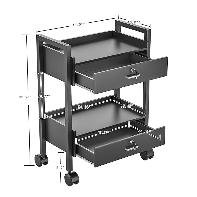 Salon Beauty Cabinet Cart Trolley 2-Layer Rolling Storage Drawer Organizer Wheels Lockable Tool Salon Station Barber Stylist Equipment Makeup Spa Cart (Black-2 Layer)