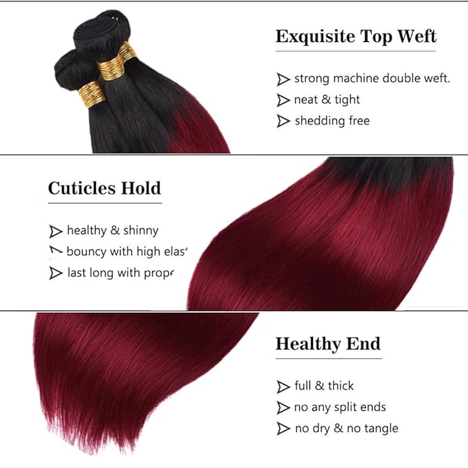 28 30 32 Inch Ombre Human Hair Bundles 1B99J Straight Bundle Niegmeag Brazilian Virgin Remy Hair Extensions 2 Tone Black and Burgundy Straight Bundle 150g