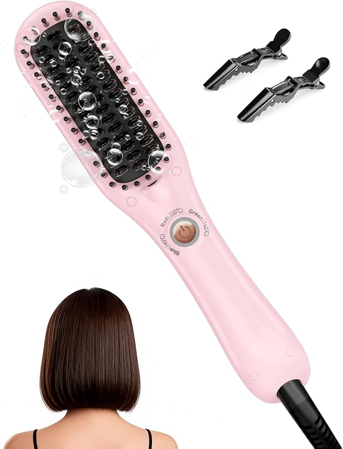 LANDOT Mini Hair Straightening Brush - Compact Heated Ionic Straightener Brush for Frizz-Free, Smooth Results, Lightweight Hot Comb & Travel Flat Iron Perfect for Short Medium Hair, Blush